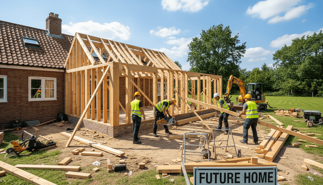 Builders working on a home extension frame in daylight