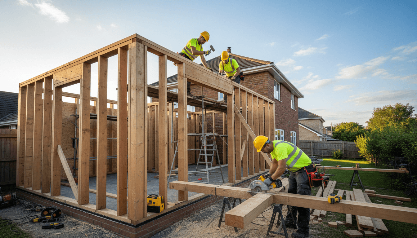 Builders working on a timber frame for a house extension