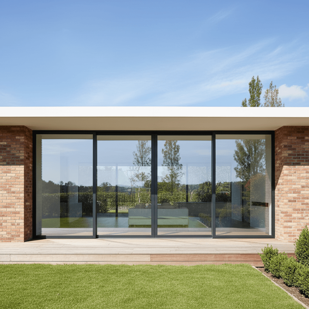 Modern home extension with glass doors attached to a brick house