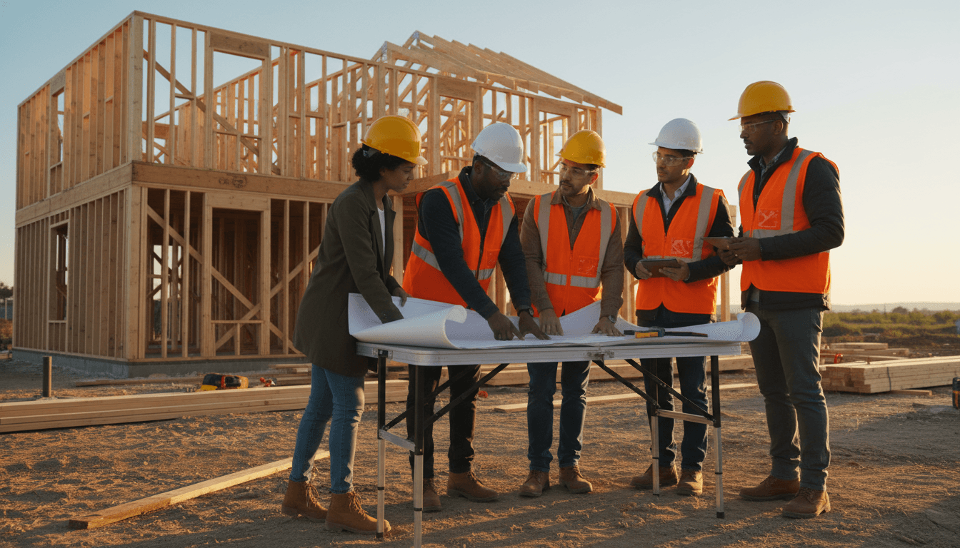 Builder in conversation with a homeowner in front of a house under renovation