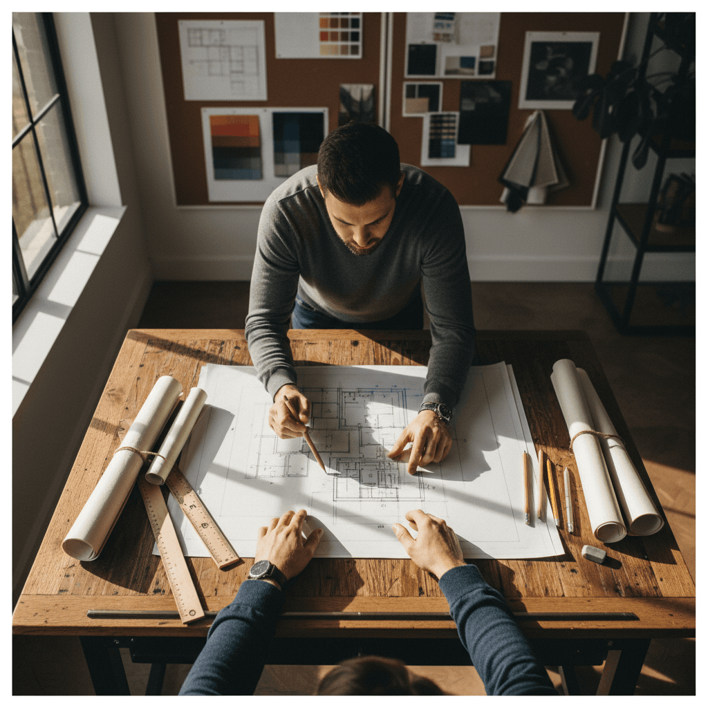 Builder reviewing project plans with a homeowner in a bright home under construction
