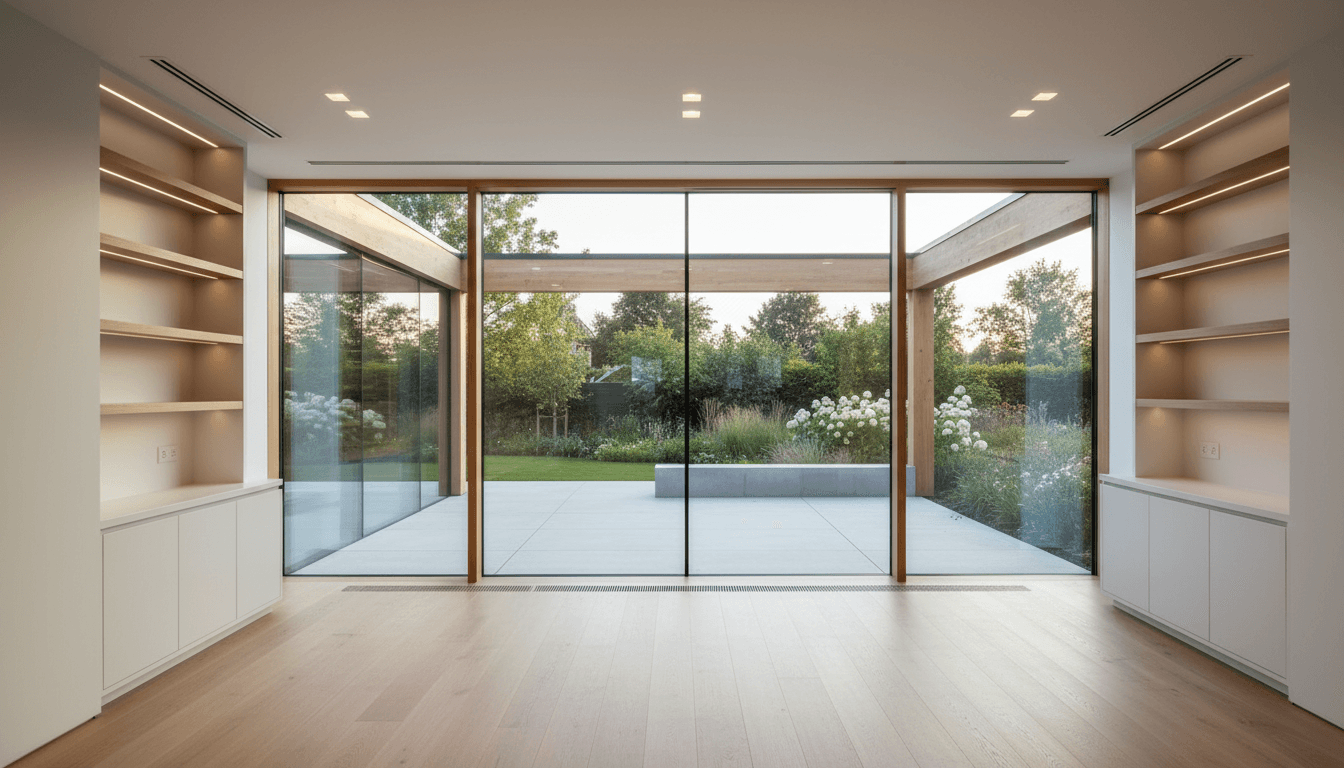 Modern home extension with brick exterior and large glass windows