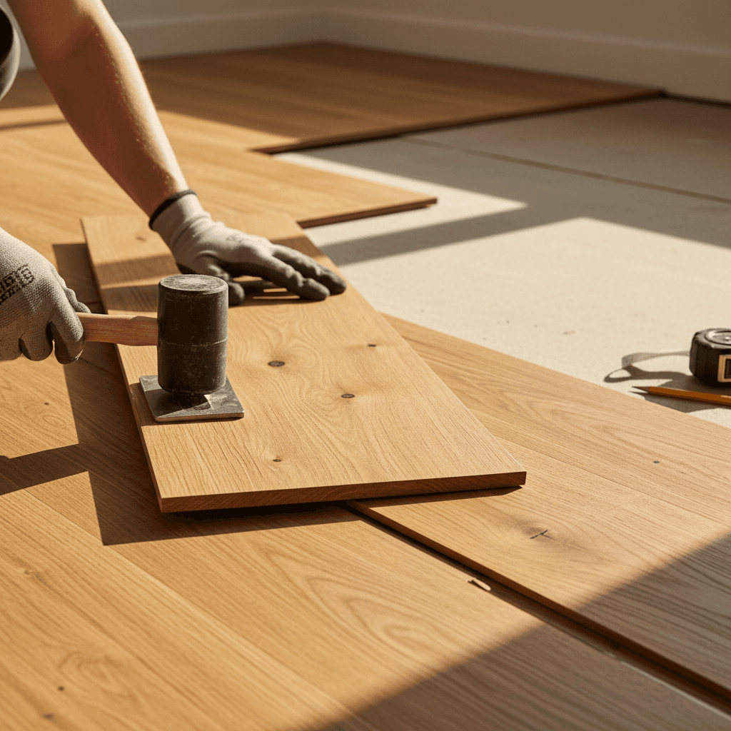 Craftsman installing wooden floorboards in a bright renovated room