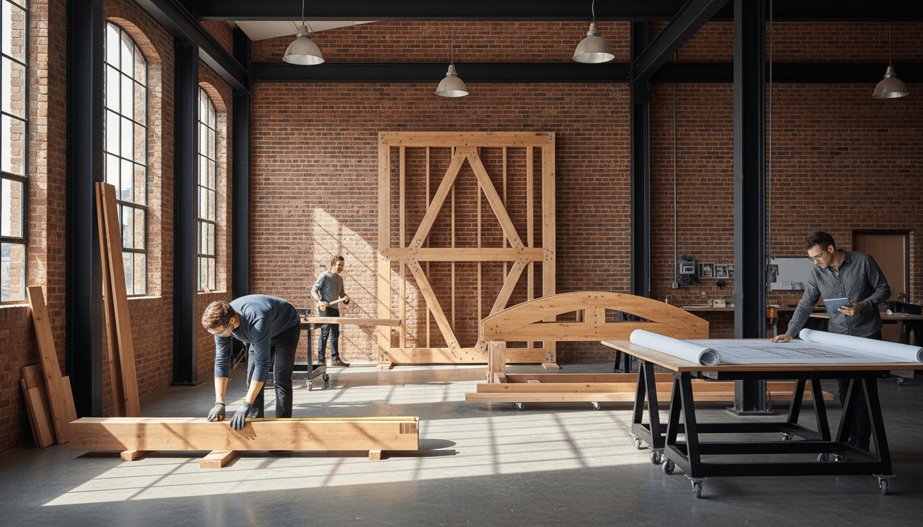 Builder measuring timber on a workbench in a bright workshop