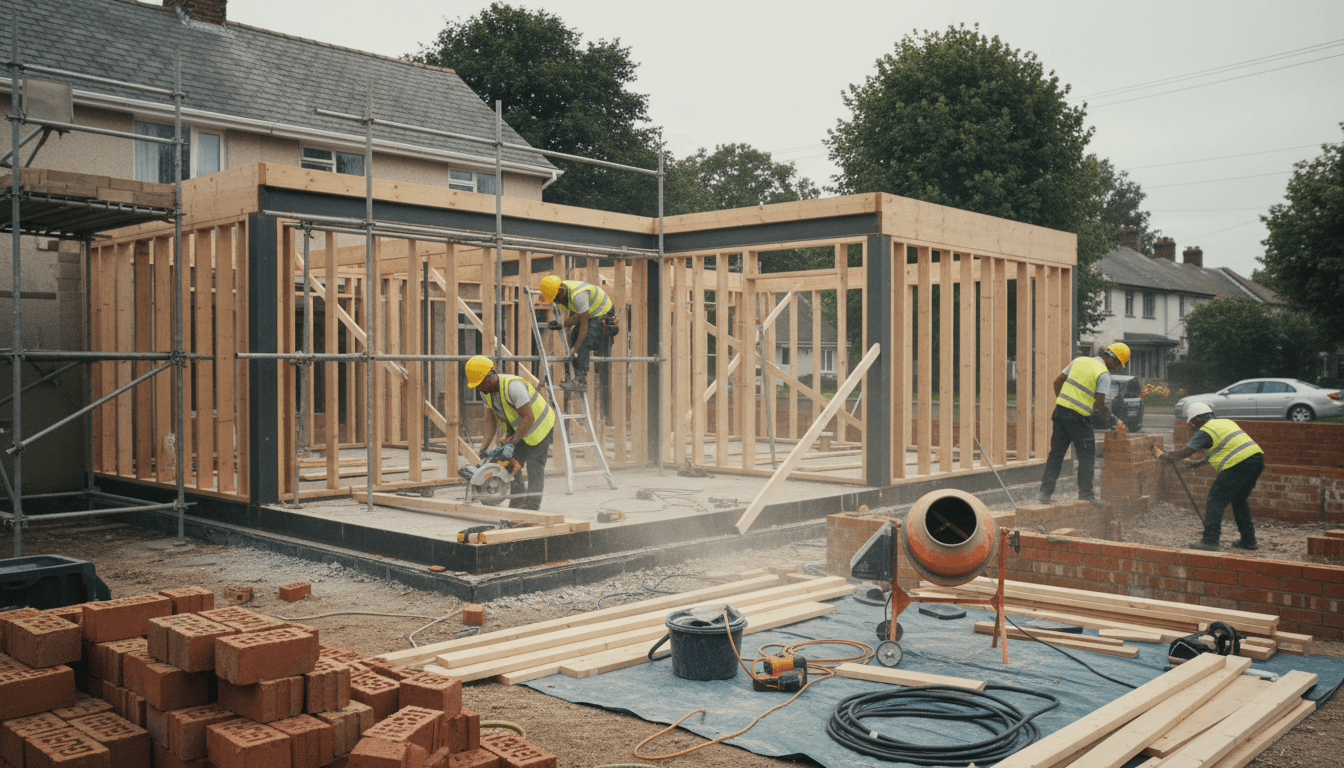 Brick extension being built on the back of a UK home