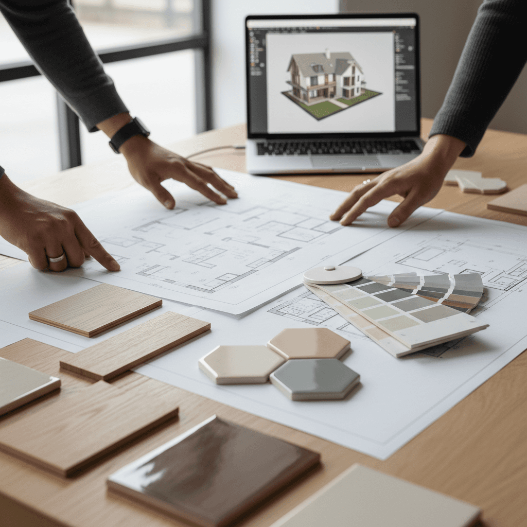 Builder and homeowner reviewing renovation plans together over a table