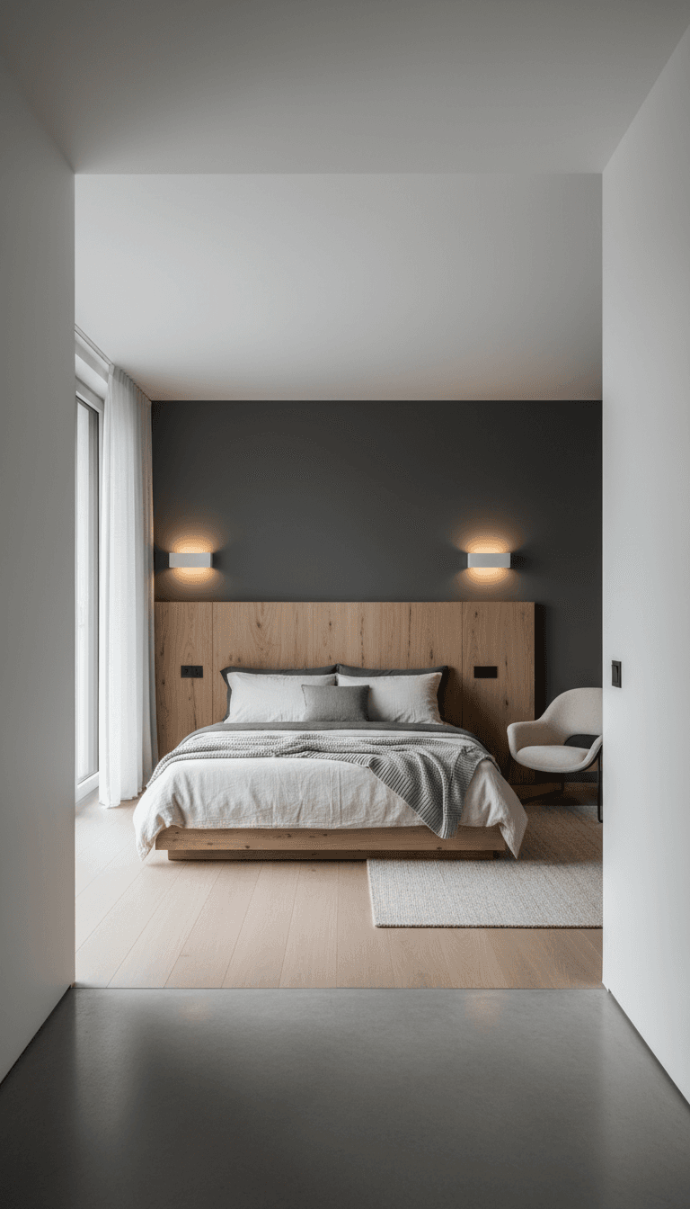 Converted loft bedroom with skylight windows and wooden beams