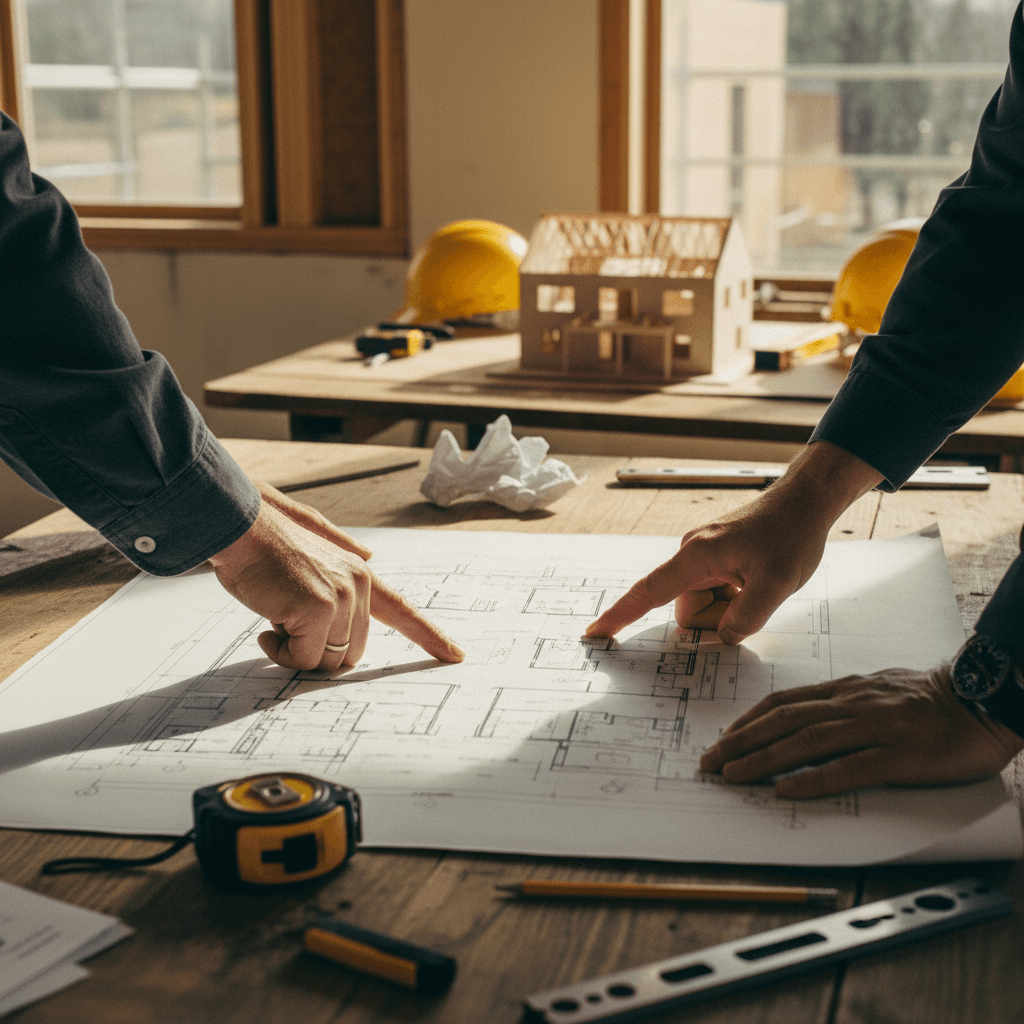 Builder reviewing plans with homeowner at residential construction site